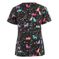 Блузи Краток Ракав Работна Облека Графички Отпечатоци Блузи V-Вратот Лето За Жени Црна L