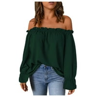 Жените Блузи Надвор Од Рамото Цврста Блуза Обични Дами Мода Летни Туники Со Долги Ракави Зелена Л
