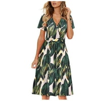 Зелени Фустани За Женски Кратки Ракави Обични Цветни Печатење Плажа Макси Лабава Облека