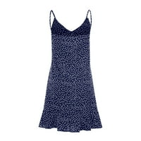 Женски фустани печатени мини со врат над колено летен летен фустан без ракави сини 2xl