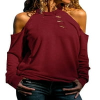 ZDCDCD женски тркалезен врат ладно рамо со долги ракави искинаа дупки со цврста боја на врвови од улична облека