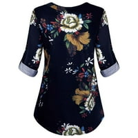 Womenените од izизаиху v вратот со долга ракав блуза Елегантна цветна печатена печата обична стилска женска кошула Тос морнарица xxl
