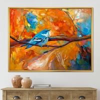 DesignArt 'Blue Cerulean Warbler Bird, која седи на гранка' Традиционално врамено платно wallидно уметности печатење