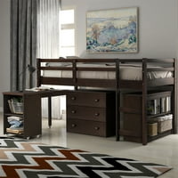 Aukfa мансарден кревет за деца, тинејџер, близнак рамка со кабинет и тркалачко студентско биро, еспресо