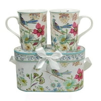 Elegantoss сет на елегантен чај кафе од коска Кина 11. Оз чаши во дизајн на сини птици спакувани во соодветна рачно изработена