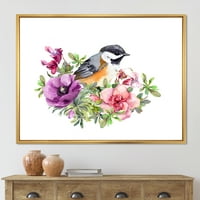 DesignArt „Симпатична птица во виолетова и розова цвеќиња“ Традиционално врамено платно wallидно печатење