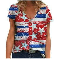 Жените V-Вратот Гроздобер Американски Знаме Кошула За Печатење Блуза Сад Ѕвезда Ленти Краток Ракав Маица Лето Блузи Црвено И