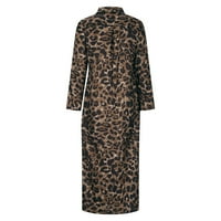 Lе женски обичен фустан од кошула со вртење со долг ракав леопард печатен долги фустани со џеб